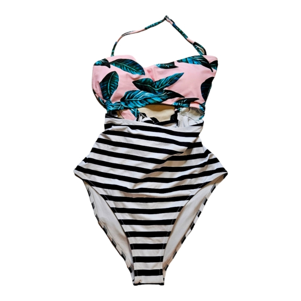 Cupshe Tropical Print and Striped Mono-kini Size XL NWT